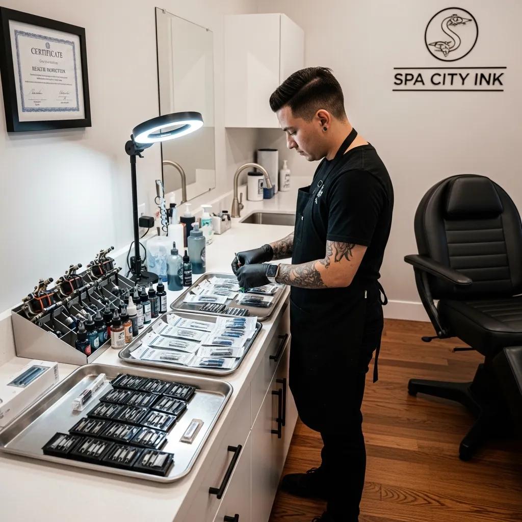 Clean and organized tattoo station at Spa City Ink, showcasing hygiene and professionalism