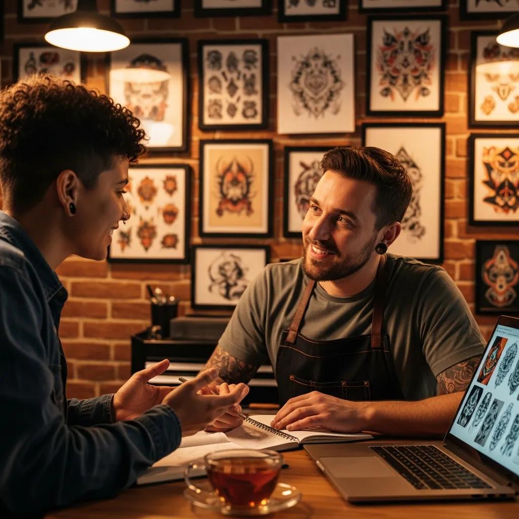 Client consulting with a tattoo artist about custom tattoo design ideas