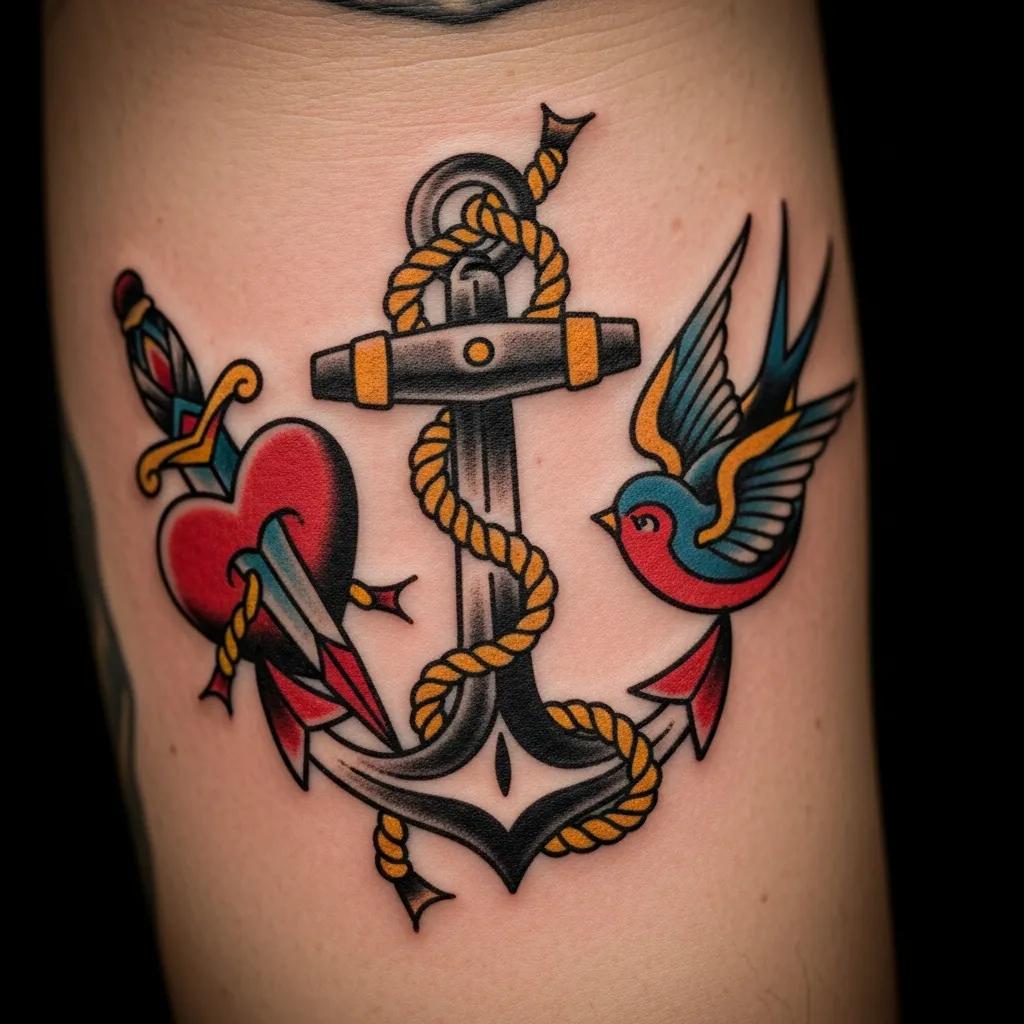 Close-up of a traditional tattoo with bold linework and classic imagery on skin