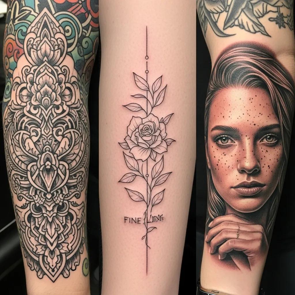 Collage of tattoo styles including custom, fine line, and realism, showcasing the diversity of artistry