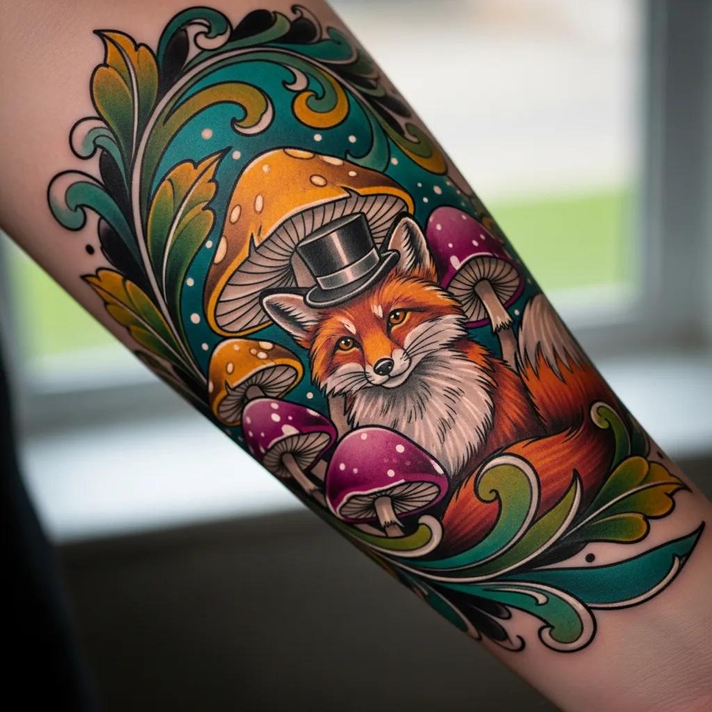 Neo-traditional tattoo design with vibrant colors and intricate details on a model's forearm