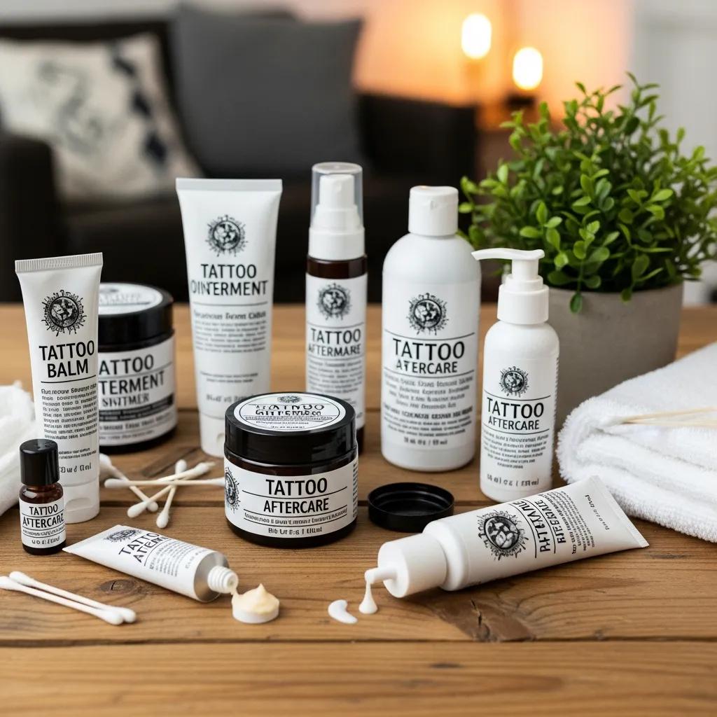 Selection of popular tattoo aftercare products displayed on a wooden table