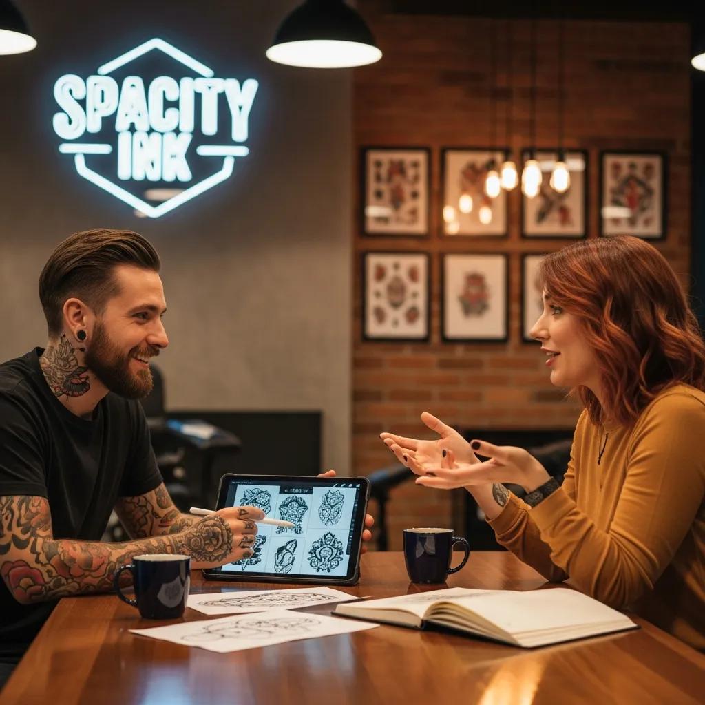 Tattoo artist consulting with a client, showcasing the personalized design process at Spacity Ink