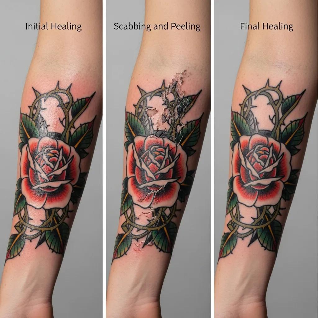 Visual representation of the three stages of tattoo healing: initial, scabbing, and final healing